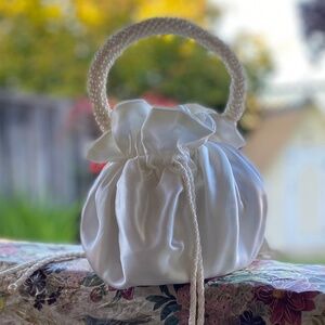 Wedding Bridal White Satin Tote Money Dance Purse Pearl Handle
